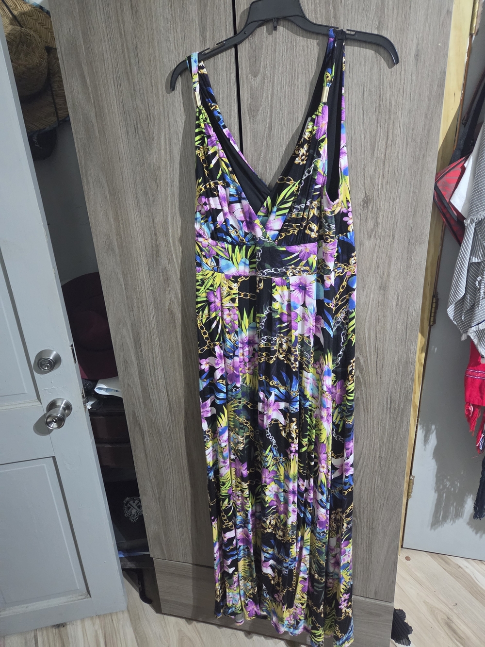 Floral Tropical Maxi Dress - Black Base with Pink & Green Flowers